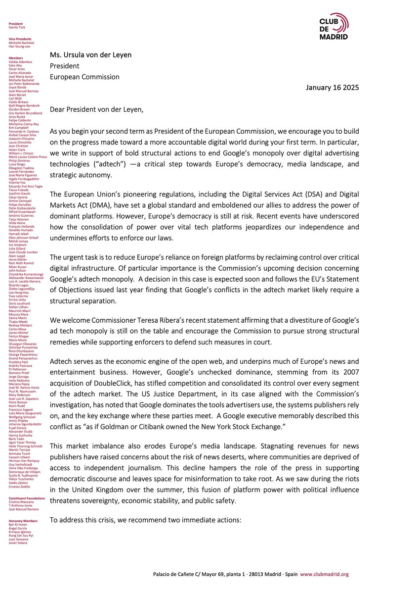 johnnyryan's tweet image. Former European prime ministers write to von der Leyen, urging a break up of Google's adtech monopoly to protect democracy @ClubdeMadrid
|clubmadrid.org/wp-content/upl…