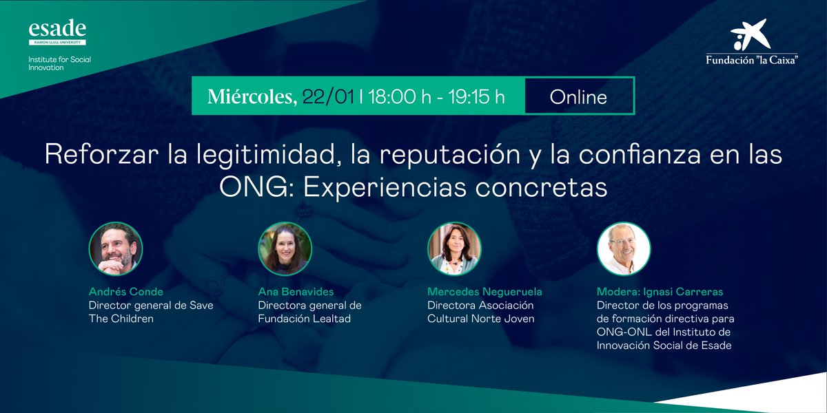 ESADEisocial (@esadeisocial) on Twitter photo 🔎 ¿Cómo pueden las #ONG reforzar su legitimidad, reputación y confianza en un contexto cada vez más desafiante? Contaremos con Andrés Conde (<a href="/SaveChildrenEs/">Save the Children Es</a>), Ana Benavides (<a href="/FundLealtad/">FundacionLealtad</a>), Mercedes Negueruela (<a href="/anortejoven/">Norte Joven</a>) e Ignasi Carreras (<a href="/Esade/">Esade</a>).
👉 esade.me/4gPJhKU 🔎 ¿Cómo pueden las #ONG reforzar su legitimidad, reputación y confianza en un contexto cada vez más desafiante? Contaremos con Andrés Conde (<a href="/SaveChildrenEs/">Save the Children Es</a>), Ana Benavides (<a href="/FundLealtad/">FundacionLealtad</a>), Mercedes Negueruela (<a href="/anortejoven/">Norte Joven</a>) e Ignasi Carreras (<a href="/Esade/">Esade</a>).
👉 esade.me/4gPJhKU