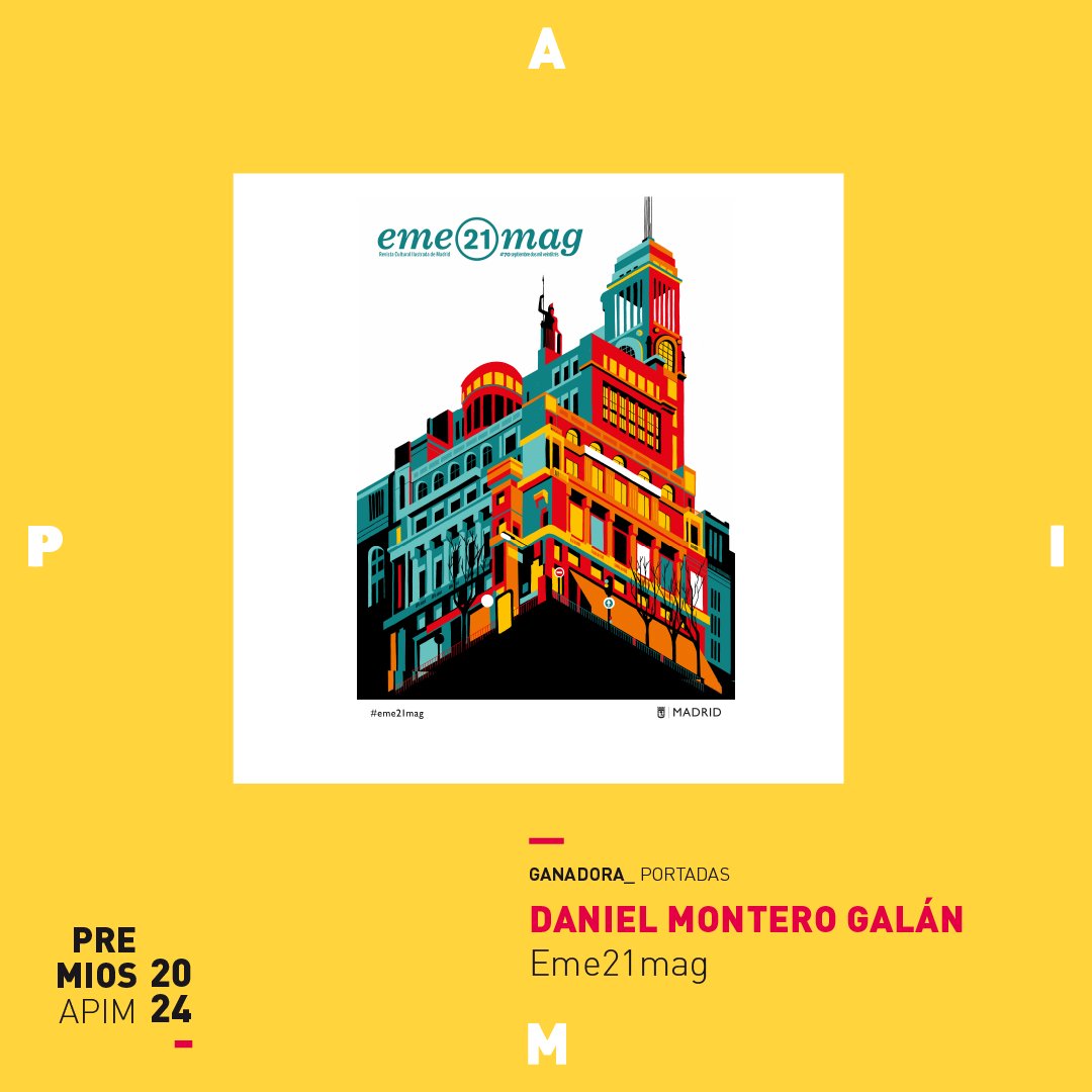 Hoy os presentamos el trabajo de Daniel Montero Galán ganador del Premio APIM 2024, en la categoría de Portadas de publicaciones. Se trata de una portada para la Revista Cultural Ilustrada de Madrid eme21mag, homenaje al arquitecto Antonio Palacios.
¡Enhorabuena Daniel!