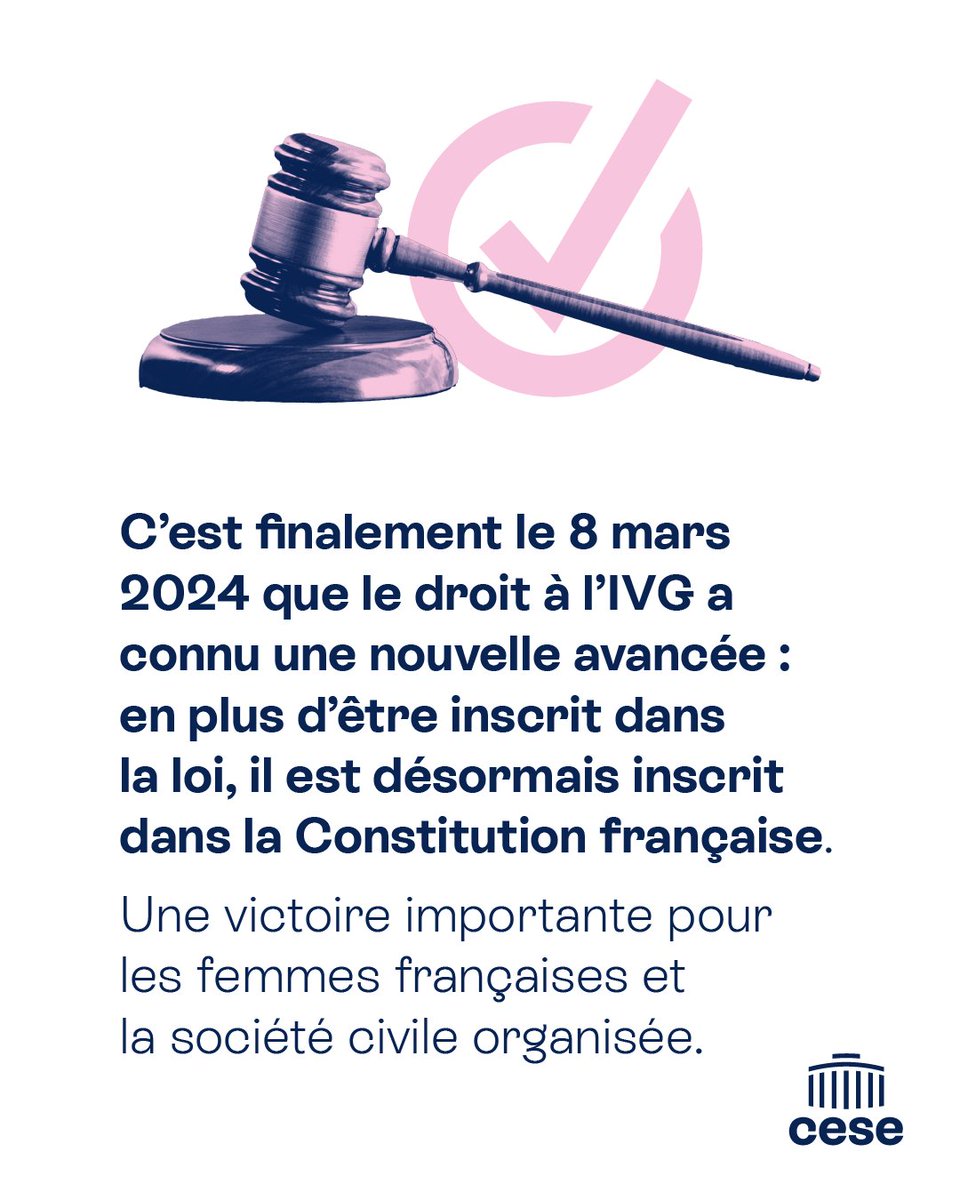 50 ans de la #LoiVeil pour la légalisation de l'avortement

Depuis cette date historique, le combat pour les droits des femmes continue : le 8 mars 2024, le droit à l’#IVG a été inscrit dans la Constitution ✊

Un combat majeur pour le CESE, qui, depuis 2022 avait demandé la