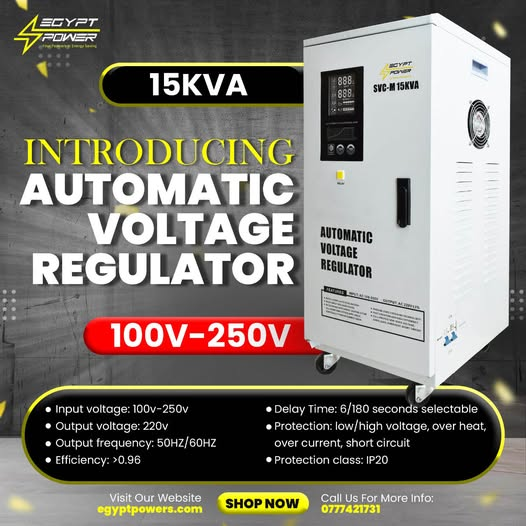 Egypt_Powers's tweet photo. ⚡Now in Kenya: The New Automatic Voltage Regulator (AVR) SVC-M 15KVA! 🇰🇪  
Protect your appliances and ensure steady performance with our latest innovation:  
✅ Wide input voltage range: 100V–250V  
✅ Stable output voltage: 220V  
✅ High efficiency: >0.96  
✅ Built-in protections: Safeguards against low/high voltage, overheating, overcurrent, and short circuits.  
✅ Selectable delay time: 6 or 180 seconds for tailored safety.  
Whether it’s for home or business, enjoy reliable voltage regulation with cutting-edge technology. 🌟  
📍 Available now in Kenya! Visit us or call today to learn more.  
#AutomaticVoltageRegulator #KenyaLaunch #ReliablePower #EgyptPower #AVR