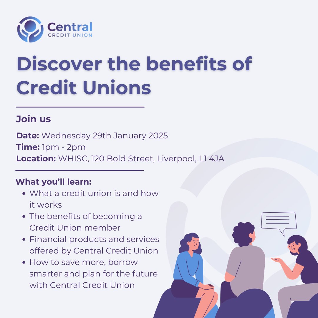 Central Credit Union (@centralcu_) on Twitter photo Discover the benefits of Credit Unions!
Join us at @WHISC on Wed 29th Jan, for a free session on:
⭐ What a #CreditUnion is
⭐ Membership benefits
⭐ Managing your money well
Book via:
📞 0151 707 1826
📧 women@whisc.org.uk
🏢 120 Bold Street
#WHISCCharity #Liverpool Discover the benefits of Credit Unions!
Join us at @WHISC on Wed 29th Jan, for a free session on:
⭐ What a #CreditUnion is
⭐ Membership benefits
⭐ Managing your money well
Book via:
📞 0151 707 1826
📧 women@whisc.org.uk
🏢 120 Bold Street
#WHISCCharity #Liverpool
