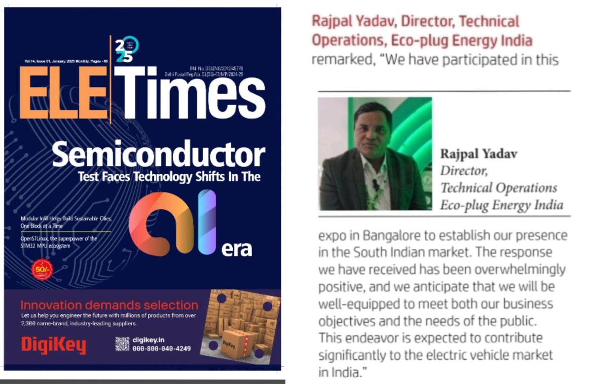talwar_puneet's tweet photo. Proud moment for Ecoplug Energy India Limited! 🌟 Rajpal Yadav's interview featured in ELE Times. Our participation in the Bangalore Expo showcased our latest energy solutions, including EVCS. Grateful for this milestone! 📷 #EcoplugEnergyIndiaLimited #ELETimes #EVCS #Innovation https://t.co/IrvEaNLglm
