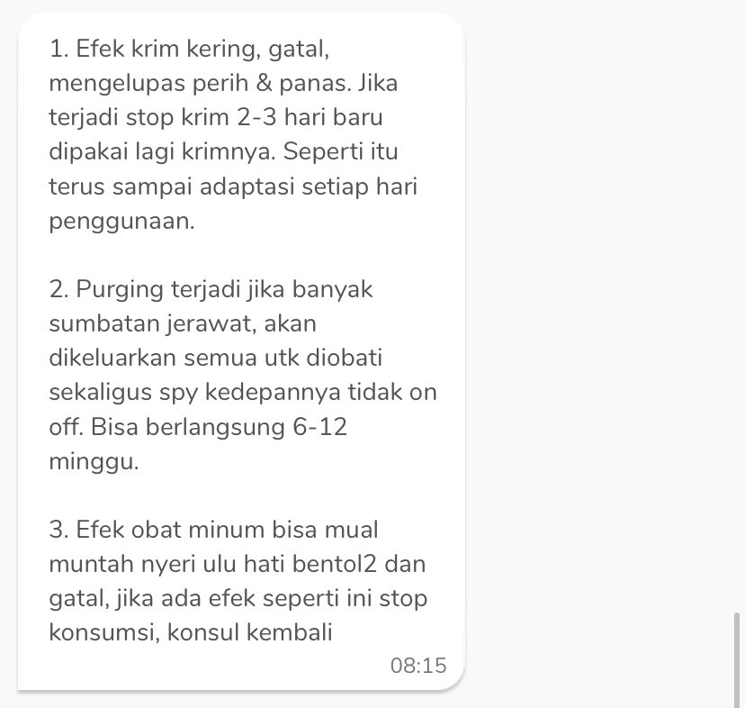 cuisirne's tweet photo. do yourself a favour: konsul ke dr spkk di halodoc, cari voucher di twitter biar murah (aku dapet diskon sampe konsul cmn 7k aja), tanya apa boleh pake vitacid (tretinoin) karena itu obat keras ,butuh resep dokter untuk pake

aku konsul ke dr. corry khathreen. here's what i got https://t.co/2ZJSdcYrXh