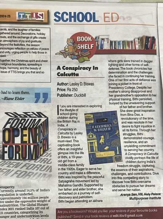 lesleydbiswas's tweet photo. This review of 'A Conspiracy in Calcutta' by Aranya Sen, in The Telegraph in Schools warmed my heart. 
#bookreview 
#AConspiracyinCalcutta
#songsoffreedom https://t.co/JT151cbNv3