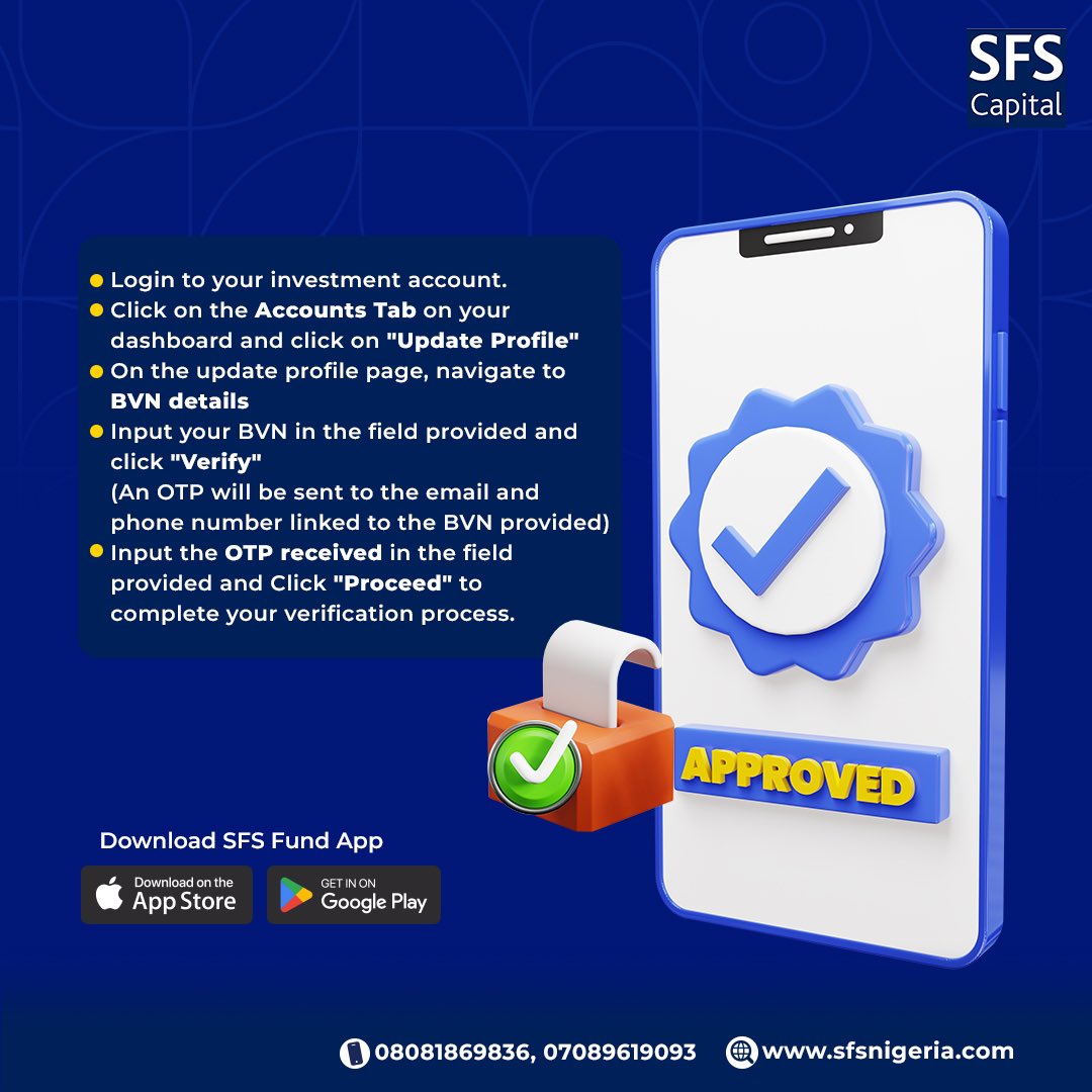 SFS_REIT's tweet photo. Unlock your Dedicated Investment Account on SFS Fund with your BVN.

Need assistance? Reach out to help@sfsfund.com.

#InvestingMadeEasy #SFSFund https://t.co/tkFMv8o4nV