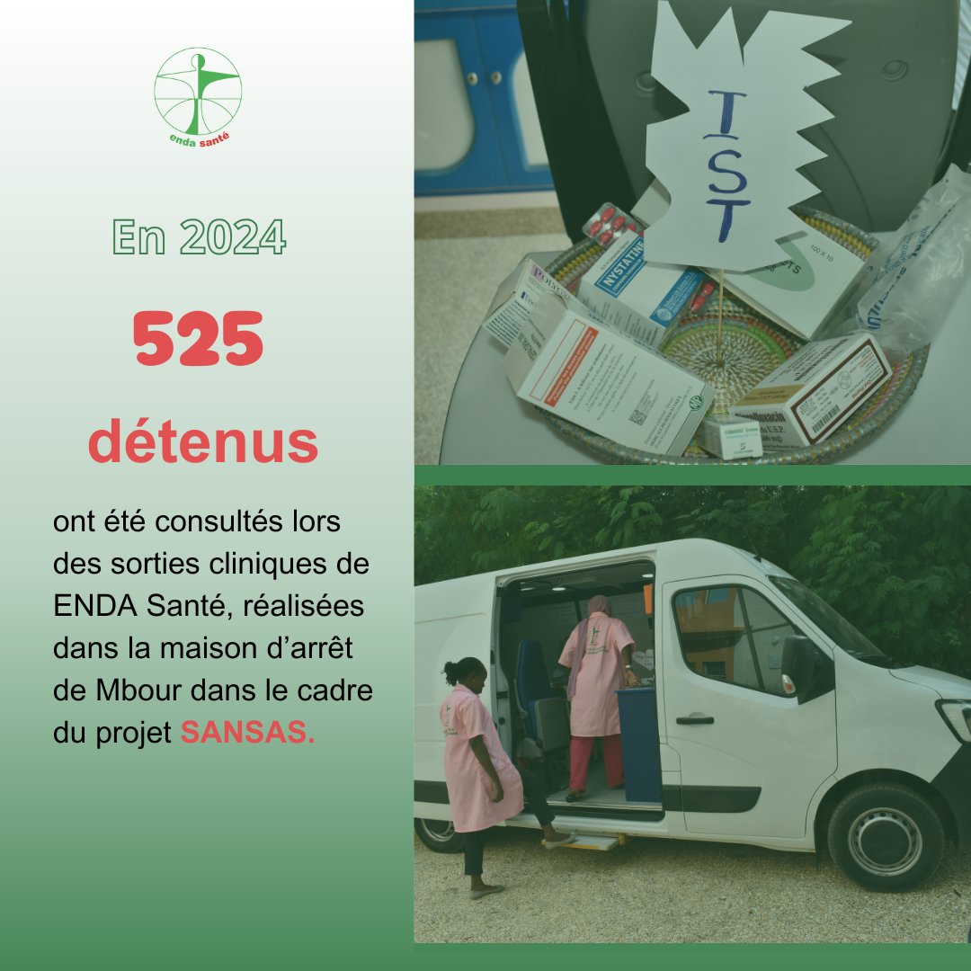Une des spécificités des actions d'ENDA Santé à Mbour est l'intervention en milieu carcéral. 

Nous organisons des sorties cliniques pour offrir aux détenus des services de santé.

Cette initiative a permis à 5️⃣2️⃣5️⃣ détenus d'accéder gratuitement à des soins de qualité.