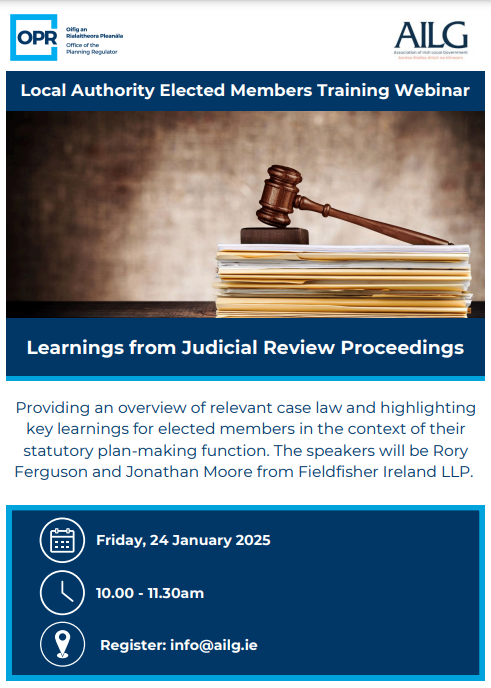 AILG (@ailgire) on Twitter photo Councillors can register for the upcoming OPR-
<a href="/AILGIRE/">AILG</a> webinar, 'Learnings from Judicial Review Proceedings', with speakers from <a href="/FieldfisherIE/">Fieldfisher Ireland LLP</a>, and a Q&A session.
Date: Friday, 24 January
Time: 10 AM – 11:30 AM
Location: Online
To register: email info@ailg.ie
#opr Councillors can register for the upcoming OPR-
<a href="/AILGIRE/">AILG</a> webinar, 'Learnings from Judicial Review Proceedings', with speakers from <a href="/FieldfisherIE/">Fieldfisher Ireland LLP</a>, and a Q&A session.
Date: Friday, 24 January
Time: 10 AM – 11:30 AM
Location: Online
To register: email info@ailg.ie
#opr