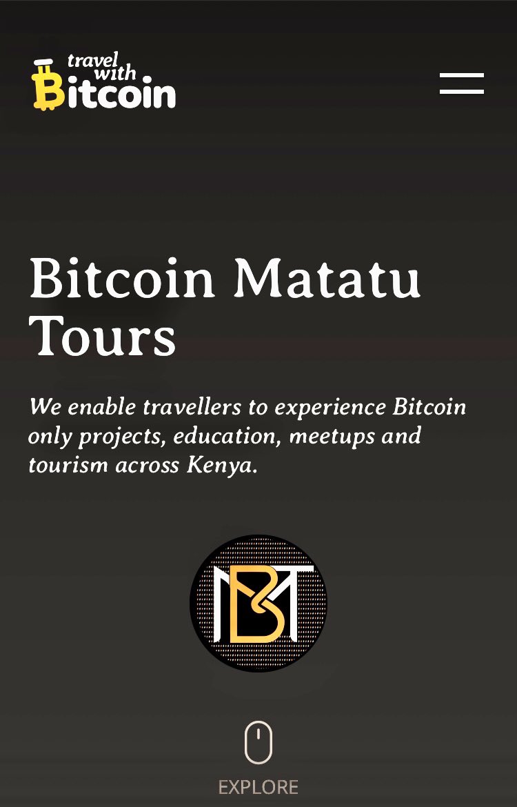 BitcoinMatatuKE's tweet photo. Honored to be listed as a verified tour operator accepting #Bitcoin on @travelwbitcoin 

Contact as for a customized package on your visit to #Africa for business and or pleasure to experience your Sats in style.

https://t.co/GklMw06xQL https://t.co/Zqye8PO5NT