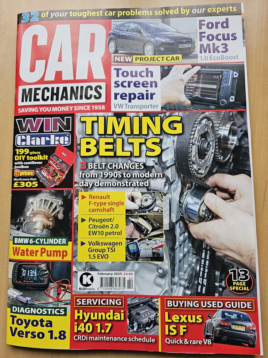Car Mechanics magazine out now With 
a Hyundai i40 1.7 service 
Lexus IS F buying guide
Diagnostics on a Toyota verso 1.8
13 Pages covering timing belt changing 
Touchscreen replacement on a VW T6
Plus all the regulars and a competition to win a Clarke 199 piece DIY toolkit