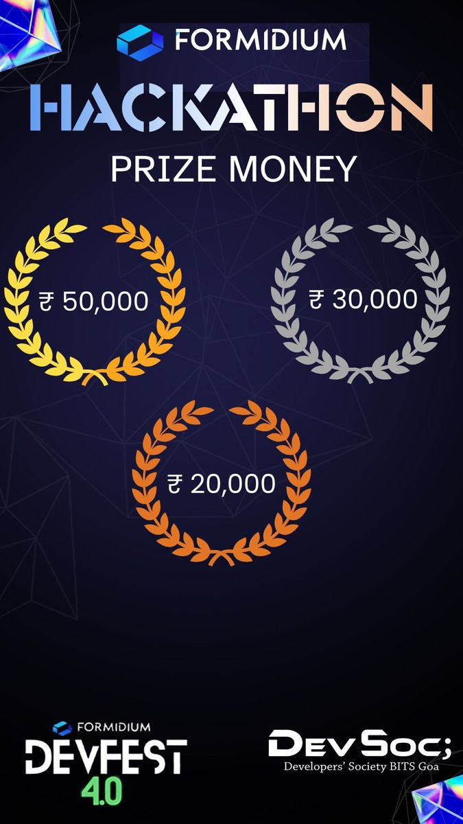 Formidium's tweet photo. 🎉 Exciting News! 🎉

🚀 The stakes just got higher at Formidium Hackathon! 💡💻

💰 Prize Money Announcement:
🏆 1st Prize: ₹50,000
🥈 2nd Prize: ₹30,000
🥉 3rd Prize: ₹20,000

Bring your A-game and show us what you've got! Innovation, creativity, and skills will take center stage. Are you ready to win big?

📅 Register now for Formidium DevFest 4.0: https://t.co/7VqZvG2DpP
#FormidiumDevFest #Hackathon #TechInnovation