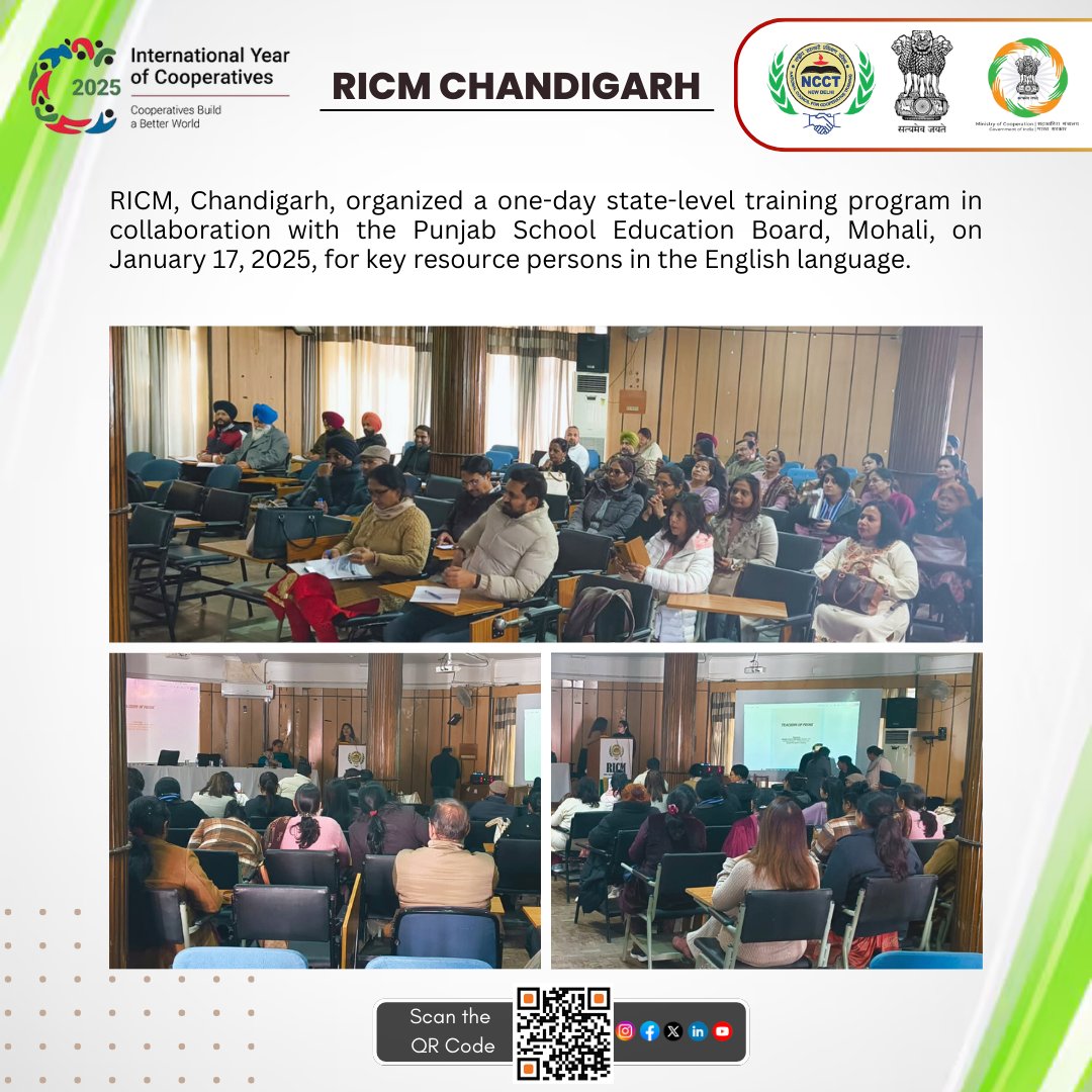 ricmchd's tweet image. RICM, Chandigarh, organized a one-day state-level training program in collaboration with the Punjab School Education Board, Mohali, on January 17, 2025, for key resource persons in the English language.

#RICM #TrainingProgram #PunjabSchoolEducationBoard #EnglishLanguage