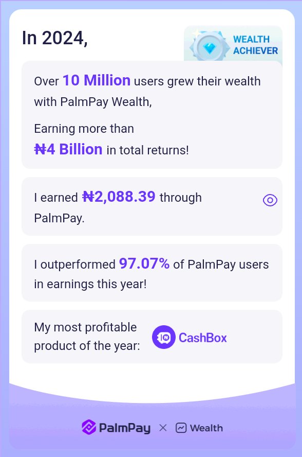 Felianx's tweet photo. PalmPay Wealth helped over 10M users earn ₦4B+ in 2024! I earned ₦ 2,088.39, outperforming 97.07% of users. My most profitable product was CashBox. Start your journey with @palmpay_ng and achieve more! @palmpayapp_ng @palmpayapp.ng #PalmPaySavingsReport https://t.co/tVWyTLkEEY