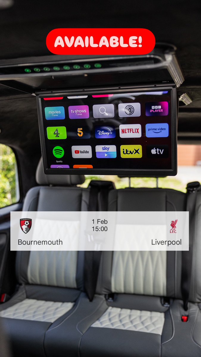 ⚽️Availability for Bournemouth⚽️
🗓️Saturday 1st Feb 

£700 with complimentary drinks included for up to 7 passengers 🍻 

Sit back &amp; enjoy our on board entertainment including Sky TV, Netflix, YouTube, Spotify, Disney+ &amp; more 

Book now ➡️ execvito.co.uk

#Liverpoolfc