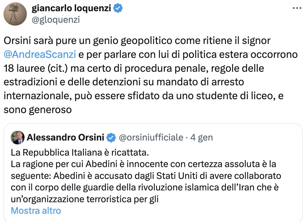 Caro Loquenzi, mi scusi per il ritardo nel riscontro. Nordio mi ha dato ragione: "Abedini è in carcere da innocente". Visto? Era come dicevo. Era corretta anche la mia valutazione dei poteri di Nordio che, per l'appunto, poteva liberare Abedini in qualunque momento. Uno studente