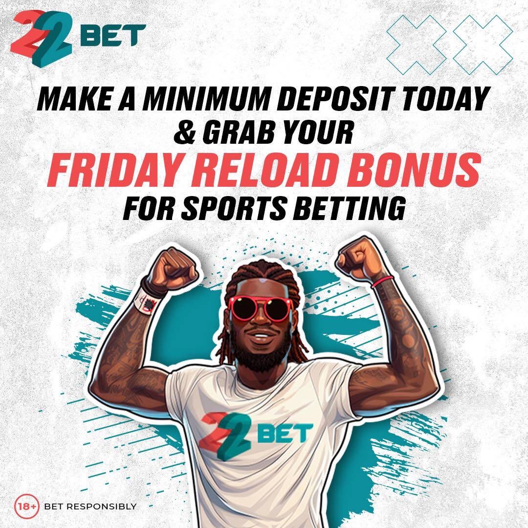 22bet_ke's tweet photo. ‼️Happy Friday 🎊
Double your stake today by taking advantage of our 100% Friday Reload Bonus💸💸
Deposit into your 22bet wallet to instantly get a bonus🎯
Register here 👉 https://t.co/qnRJGfwXOw
#22BetAlwaysPays #switchto22bet https://t.co/683u98gTcb