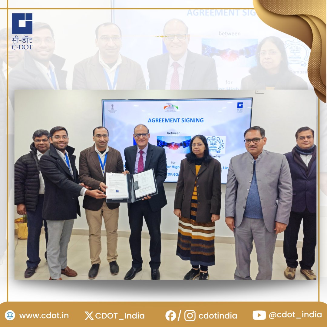 CDOT_India's tweet photo. Pioneering India’s #6G Journey with Optical #Innovation!
@CDOT_India has partnered with @iitbombay to develop Optical Transceiver Chipset for High-Bandwidth 6G Wireless Links under the Telecom Technology Development Fund (#TTDF) scheme by @USOF_India, @DoT_India.
This project aims to develop #chipsets for free-space coherent optical links, designed to:
1. Bring high-speed #connectivity to rural areas and regions where laying optical #fibers is difficult.
2. Provide uninterrupted high-bandwidth #communication through #satellites.
3. Enable last-mile connectivity for #6G applications.
Built on the pillars of #Affordability and #Sustainability, this initiative aligns with the #Bharat6G Vision to make India a global contributor to #6G technology.
This collaboration marks a significant milestone in fostering #innovation and transforming India’s #telecom landscape. Together, we’re shaping the future of communication technology!
Know More: https://t.co/FJARjsvzps
@PIB_India @pib_comm @DoT_India @JM_Scindia @PemmasaniOnX @neerajmittalias @rkupadhyay
#6G #MakeInIndia #AtmanirbharBharat #DigitalIndia #TelecomInnovation