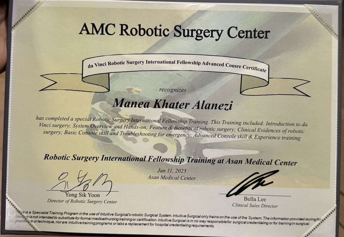 “Grateful for the course in Advanced Robotic Surgery at Asan Medical Center. This journey enriched my skills in cutting-edge robotic techniques, troubleshooting, and advanced console operation, this is just the beginning of excellence in this field!”