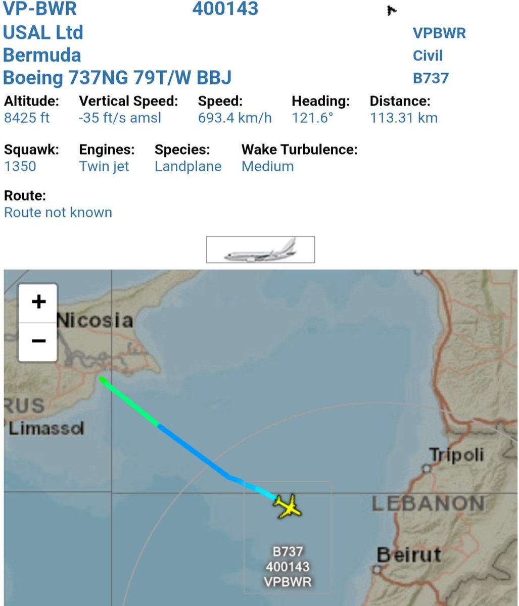 LebanonJets's tweet photo. Video of #VPBWR Wafic Said's 737BBJ arriving back into Beirut for a pick-up from 9 nights parked in Larnaca. Aircraft uses LADD to hide ID from public tracking https://t.co/NDCHAal5VJ
