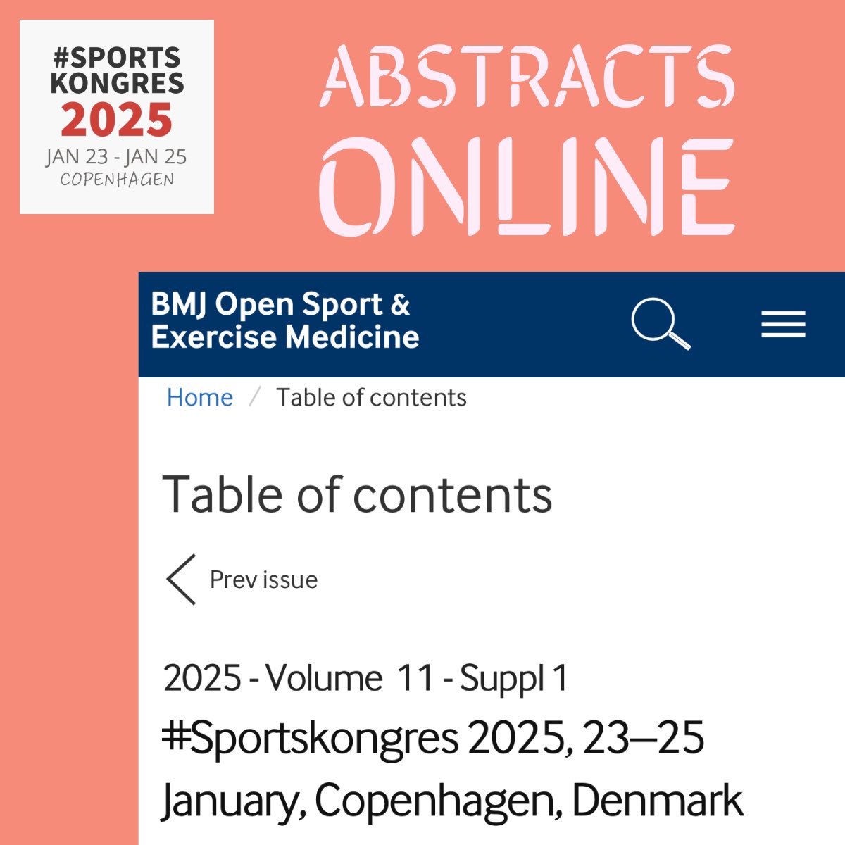 #Sportskongres (@sportskongres) on Twitter photo 👇🏻CHECK THIS OUT 🙌🏻
Our great partners in <a href="/BMJOpenSEM/">BMJ Open Sport & Exercise Medicine</a> has now published all abstracts for #Sportskongres2025
We are very thankful for this collaboration and once again BJM open SEM have an additional prize for the winner of the oral competition. 👇🏻CHECK THIS OUT 🙌🏻
Our great partners in <a href="/BMJOpenSEM/">BMJ Open Sport & Exercise Medicine</a> has now published all abstracts for #Sportskongres2025
We are very thankful for this collaboration and once again BJM open SEM have an additional prize for the winner of the oral competition.