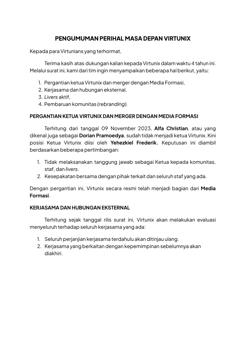 virtunix's tweet photo. 【Pengumuman】

Infomasi terkait Virtunix kedepannya.
Kami segenap Staf dan Livers mengucapkan terima kasih kepada Virtunians, atas dukungannya selama ini.

Kami harapkan dukungan dari Virtunians untuk Virtunix kedepannya.

#Virtunix #Announcement #VTuberID https://t.co/Zd4TCQ0l8Z