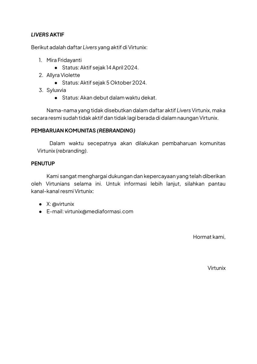 virtunix's tweet photo. 【Pengumuman】

Infomasi terkait Virtunix kedepannya.
Kami segenap Staf dan Livers mengucapkan terima kasih kepada Virtunians, atas dukungannya selama ini.

Kami harapkan dukungan dari Virtunians untuk Virtunix kedepannya.

#Virtunix #Announcement #VTuberID https://t.co/Zd4TCQ0l8Z