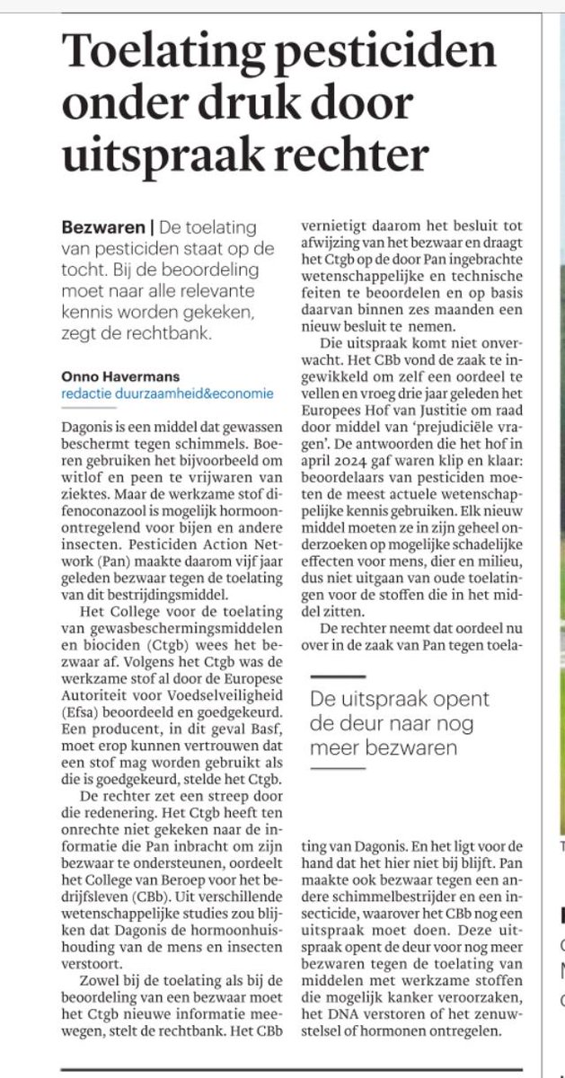 PAN wint zaak! Mooi stuk in Trouw over onze juridische zaak. CTGB verzuimt wederom om de belangen van natuur en onze gezondheid mee te wegen en laat relevante nieuwe onderzoeken over hormoonverstoring niet mee in goedkeuring. <a href="/minlvvn/">Ministerie van LVVN</a>