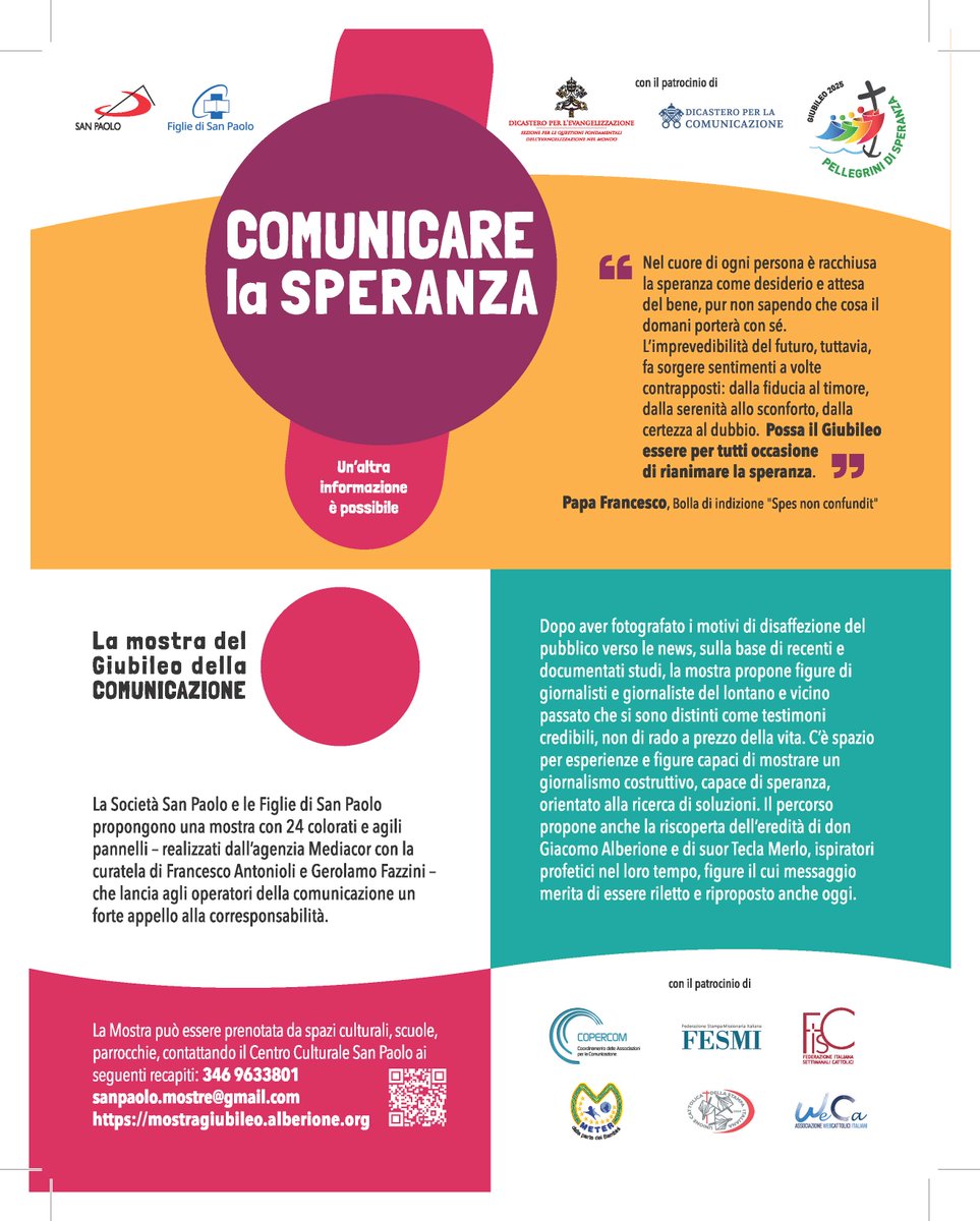 Copercom (@copercom) on Twitter photo Il dovere di comunicare la speranza
Dal 25 gennaio in Vaticano la mostra di <a href="/paoline_it/">Paoline</a> e Paolini. Tra i patrocinatori Copercom, <a href="/giornaliFISC/">FISC settimanali</a>, <a href="/meter_onlus/">Associazione Meter</a>, <a href="/UcsiSocial/">Ucsi Social</a> e <a href="/Webcattolici/">Webcattolici</a>
Per saperne di più: lc.cx/OHXoJr Il dovere di comunicare la speranza
Dal 25 gennaio in Vaticano la mostra di <a href="/paoline_it/">Paoline</a> e Paolini. Tra i patrocinatori Copercom, <a href="/giornaliFISC/">FISC settimanali</a>, <a href="/meter_onlus/">Associazione Meter</a>, <a href="/UcsiSocial/">Ucsi Social</a> e <a href="/Webcattolici/">Webcattolici</a>
Per saperne di più: lc.cx/OHXoJr