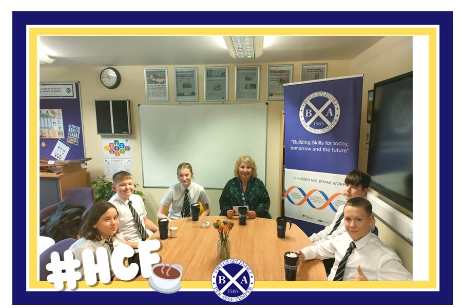 BanffAcademyBXA's tweet photo. This week Depute Headteacher, Ms McColl was joined for a hot chocolate and a chat by a group of S1-3 superstars who have used their School Leaver Profile skills to impress staff.  Well done! 🏆 Whose turn will it be next week?  🤔 #HCF https://t.co/Asyx0dCd6V