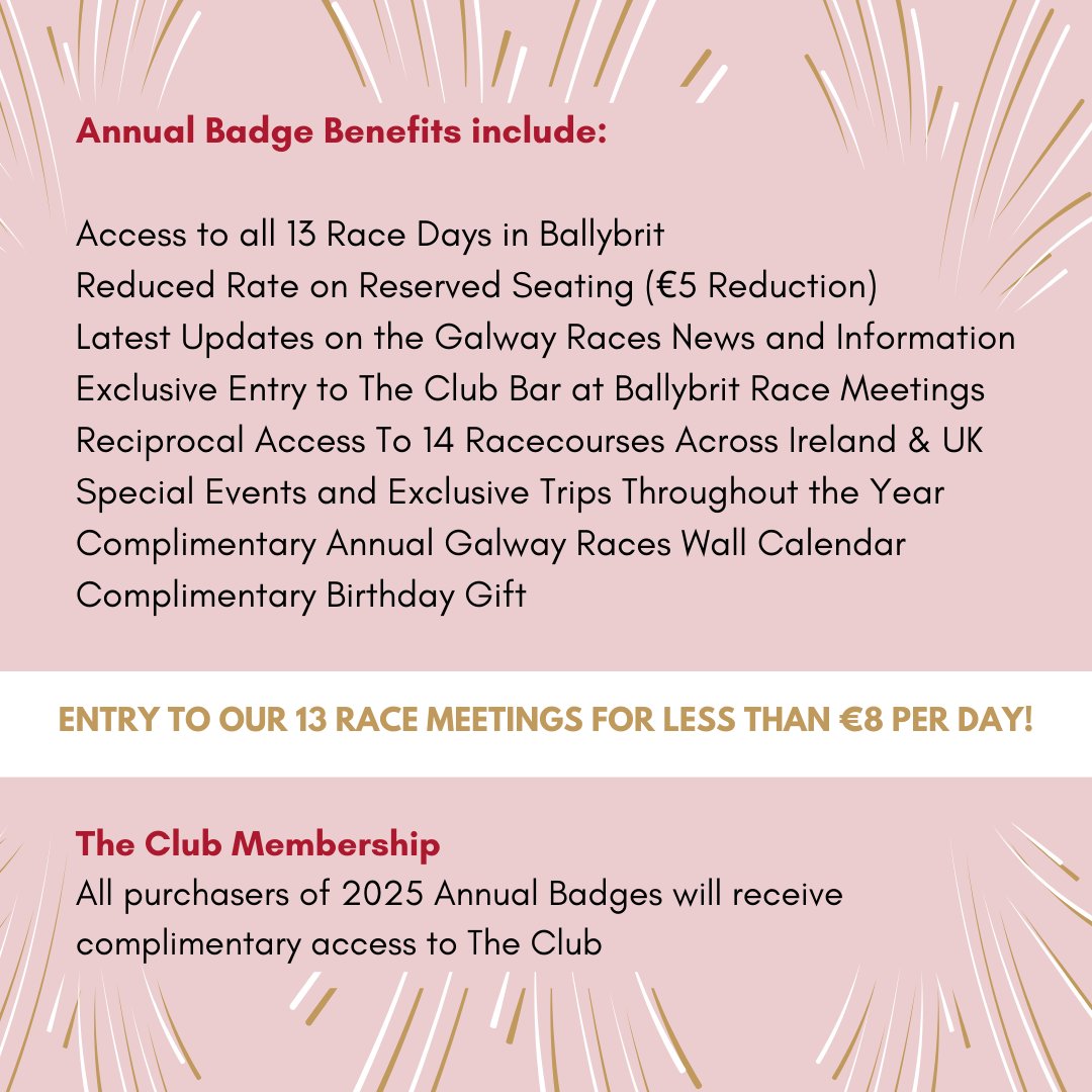 Galway Races (@galway_races) on Twitter photo ๐๐ Only 2 weeks left! โฌ100 Annual Badges ๐๐
Get your Galway Races Annual Badge for just โฌ100! Thatโs 13 unmissable race days for less than โฌ8 per day! ๐
๐
Offer ends January 31st, 2025โdonโt miss out!
๐ Buy now at galwayraces.com/tickets/the-clโฆ or call ๐ 091 700 100. ๐๐ Only 2 weeks left! โฌ100 Annual Badges ๐๐
Get your Galway Races Annual Badge for just โฌ100! Thatโs 13 unmissable race days for less than โฌ8 per day! ๐
๐
Offer ends January 31st, 2025โdonโt miss out!
๐ Buy now at galwayraces.com/tickets/the-clโฆ or call ๐ 091 700 100.