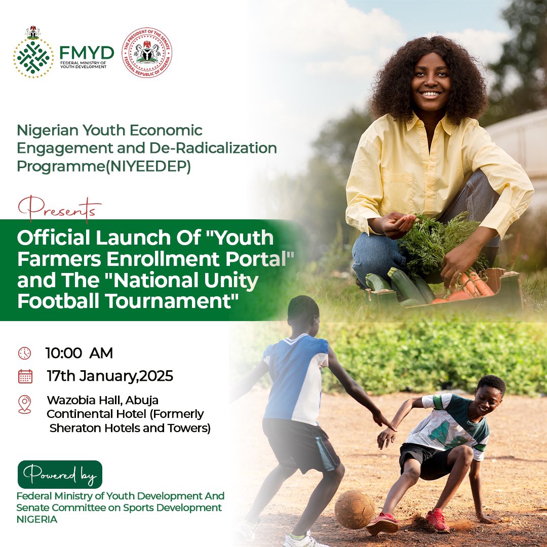 Join us LIVE at the official launch of the Youth Farmers Enrollment Portal. 

Powered by the Federal Ministry of Youth Development and the Senate Committee on Sports Development.