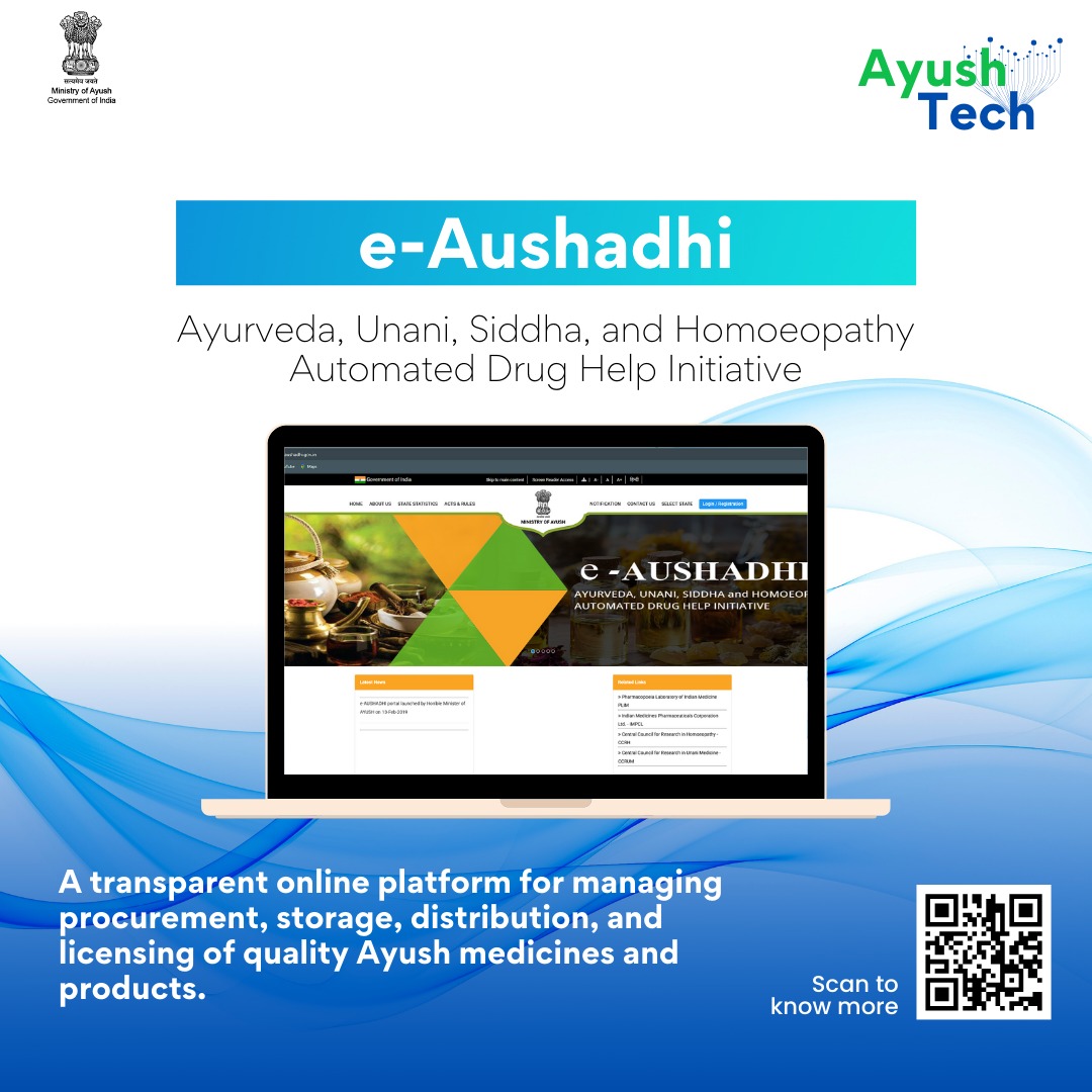 moayush's tweet photo. Transforming Ayush with technology!

e-Aushadhi ensures transparency in the procurement, storage, distribution, and licensing of quality #Ayurveda, Unani, Siddha, and Homoeopathy products.

#AyushTech #MinistryOfAyush https://t.co/kJjHjKJwIQ