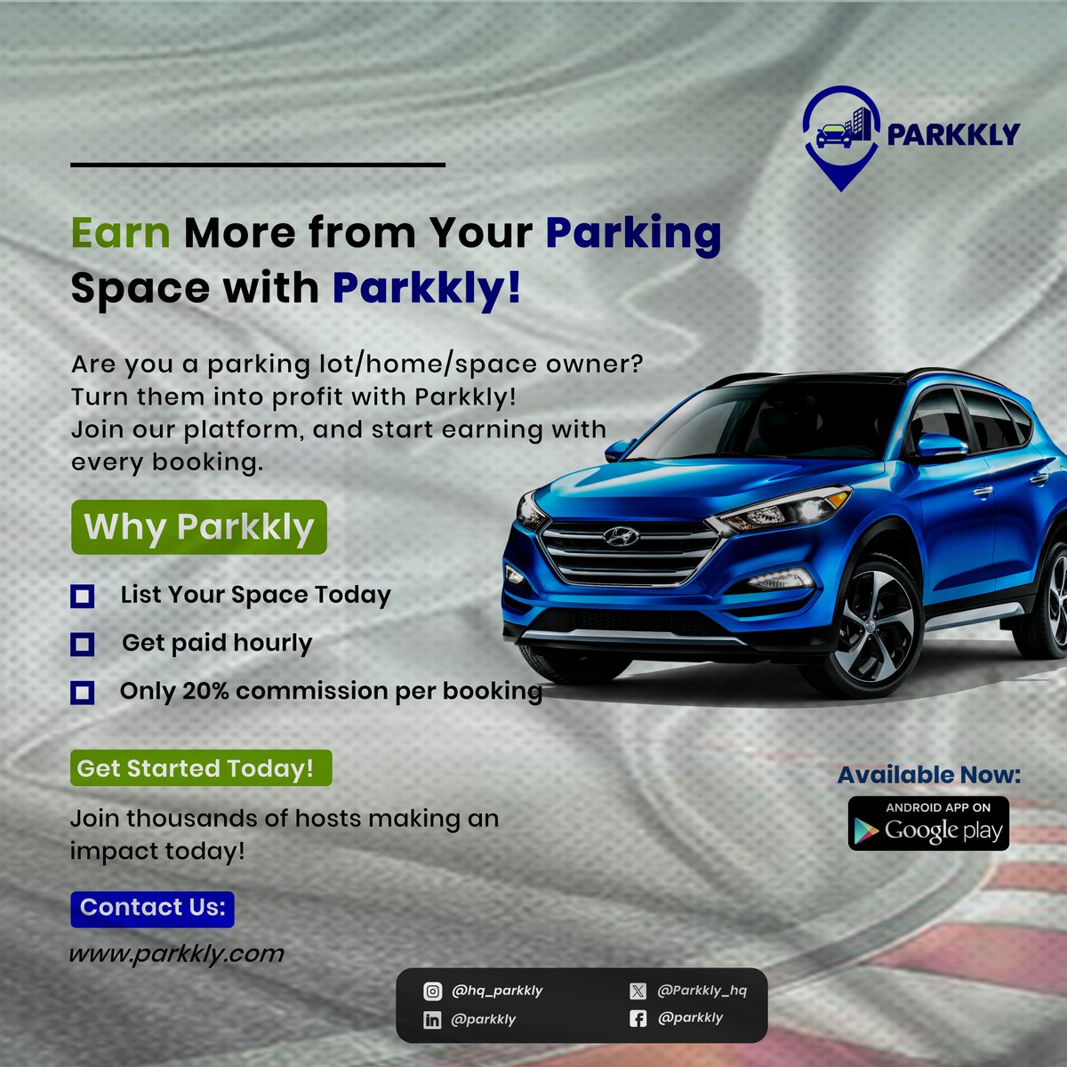 Monetize your spaces with Parkkly today!

Own a parking lot or a spacious compound?

Reduce city traffic with us and earn in 3 steps:

1️⃣List your spaces
2️⃣Attract drivers and get paid
3️⃣Get 80%

Get started with the Parkkly Host App bit.ly/4g4qWZj

#parkkly #parkinglot