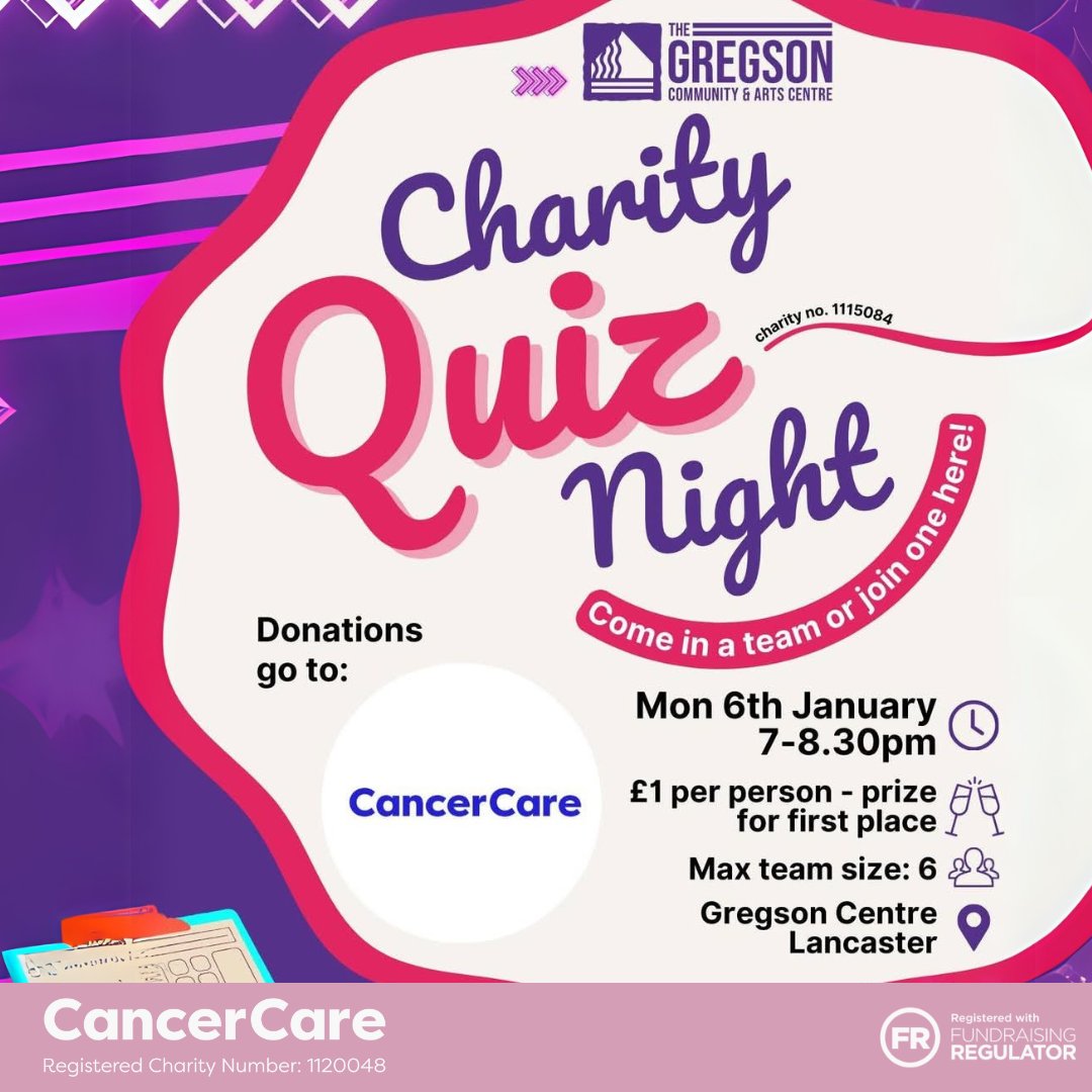 We were recently selected to be a part of The #Gregson's monthly #charity #quiz! #CancerCare #volunteer Patsie attended the event and helped with the #raffle that raised £149.70.
Thank you to both Patsie and The Gregson Centre for hosting this evening on our behalf 
 #QuizNight