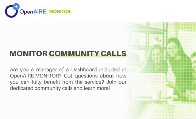 OpenAIRE_eu's tweet image. Don&apos;t miss our #OpenAIRE_MONITOR Community Call! 

Interested in having a Dashboard in OpenAIRE-MONITOR?Already using one and want to know the latest updates?Have questions about making the most of the service?

Join our dedicated community call to learn how #OpenAIRE_MONITOR can…