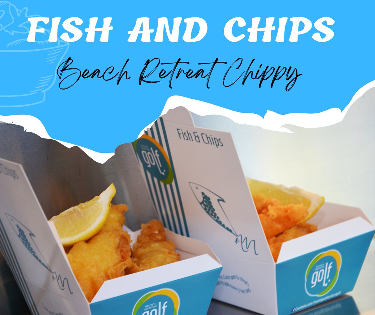 AdventureGolfUK's tweet photo. Our Beach Retreat Chippy serves delicious fish and chips, cooked the traditional way in beef dripping. We are currently open weekends only! #minigolf #hastingsadventuregolf #hastings #fishandchips #beefdripping #seasidetreats #greatbritishchippylunch https://t.co/eIuwyxG0Cx