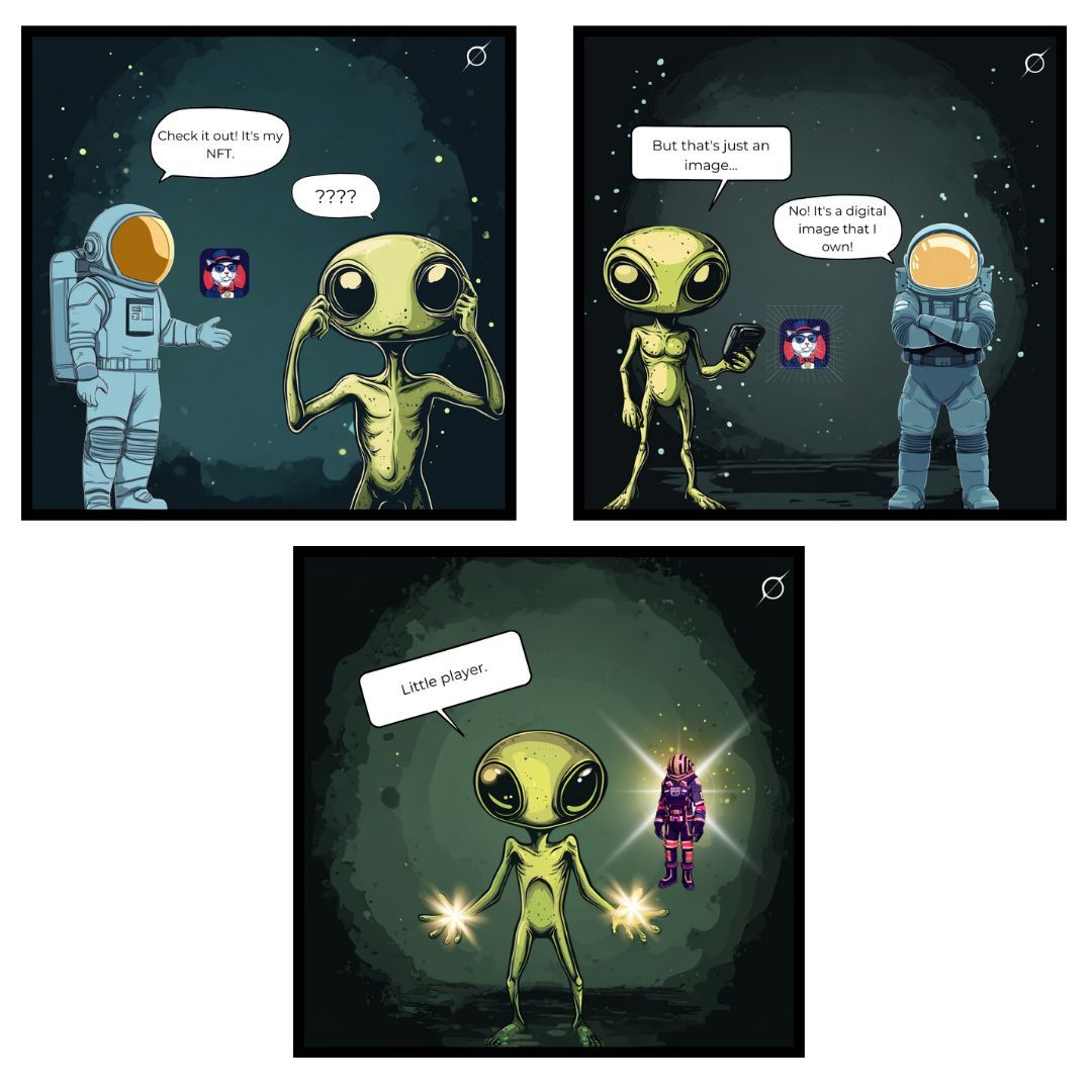 😂👾 When you show your NFT image to an alien....
“No! It's my digital property!”

🌟 But with #AstroMust, it's much more than an image!
Our MUST NFTs are 3D models that can be used directly in Battle Royale. 🚀🌌

Why settle for a simple illustration when you can dominate the