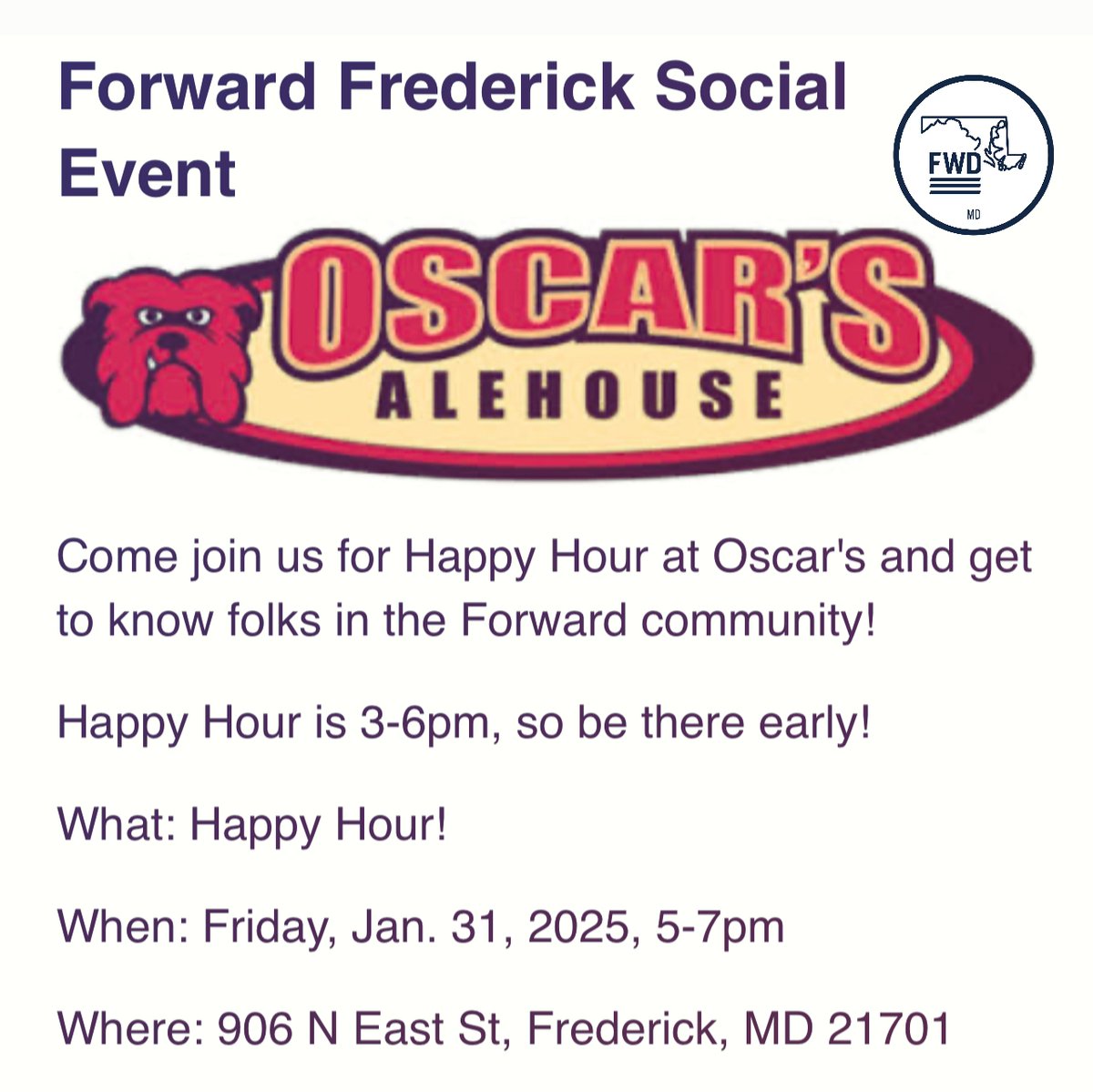 fwd_maryland's tweet image. Frederick Happy Hour
Come join us!!

marylandforwardparty.com/frederick_soci…

When: Friday, Jan. 31, 2025, 5-7pm
Where: 906 N East St, Frederick, MD 21701

#frederickmaryland #social