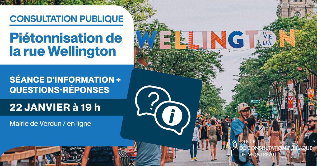 Piétonnisation permanente de la rue Wellington 🚶🚶‍♀️

La séance d'information et de questions-réponses aura lieu le mercredi 22 janvier, à 19 h, à la mairie de l'arrondissement de Verdun. 

📍 Mairie de Verdun - 4555, rue de Verdun
⏲️ 19 h à 22 h 
💻 bit.ly/48ZUFAL