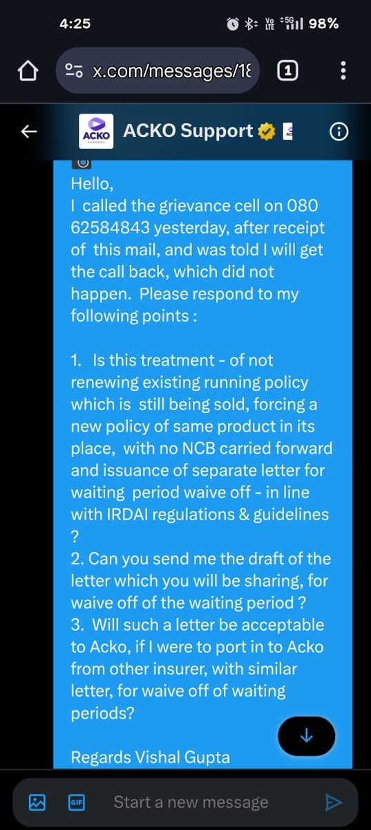 gotovishal's tweet photo. @ACKOSupport @ACKOIndia No response received.
Called grievance cell multiple times with no revert.
Policy expiring on 24-Jan-25.
No renewal intimation-last mail said buy a new policy, forget NCB, waiting period waiver on separate letter - is this acceptable ? https://t.co/sgHlDPZNId