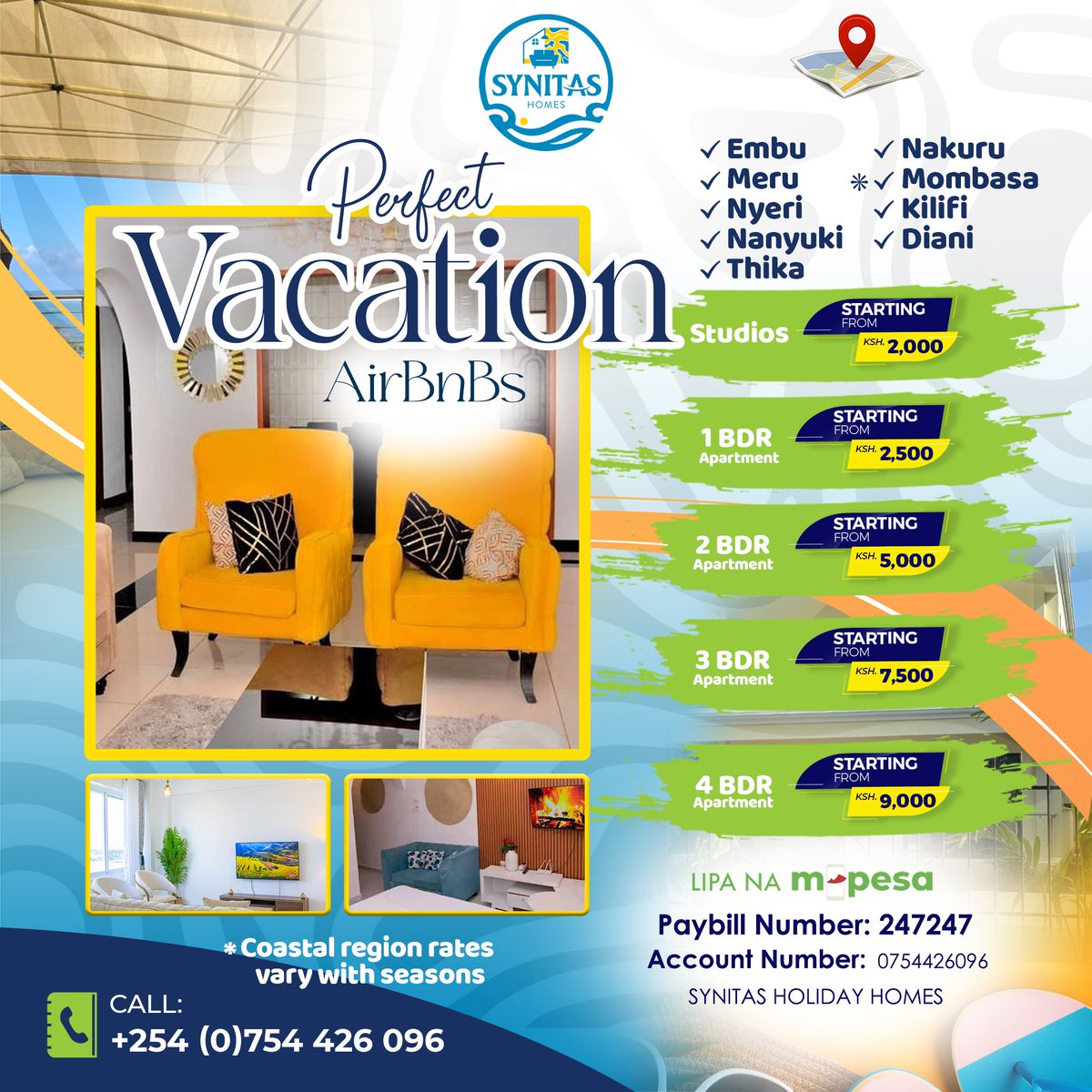 🏖️ Your Perfect Staycations Await with Synitas Homes! 🌟

✨ Choose from Studios, 1, 2, 3 or 4 BDR apartments to suit your needs.📍 Coastal region rates vary with seasons.

📞 Call us Now &amp; Book via +254 (0)754 426 096

#SynitasHomes #VacationMadeEasy #KenyaAirbnbs