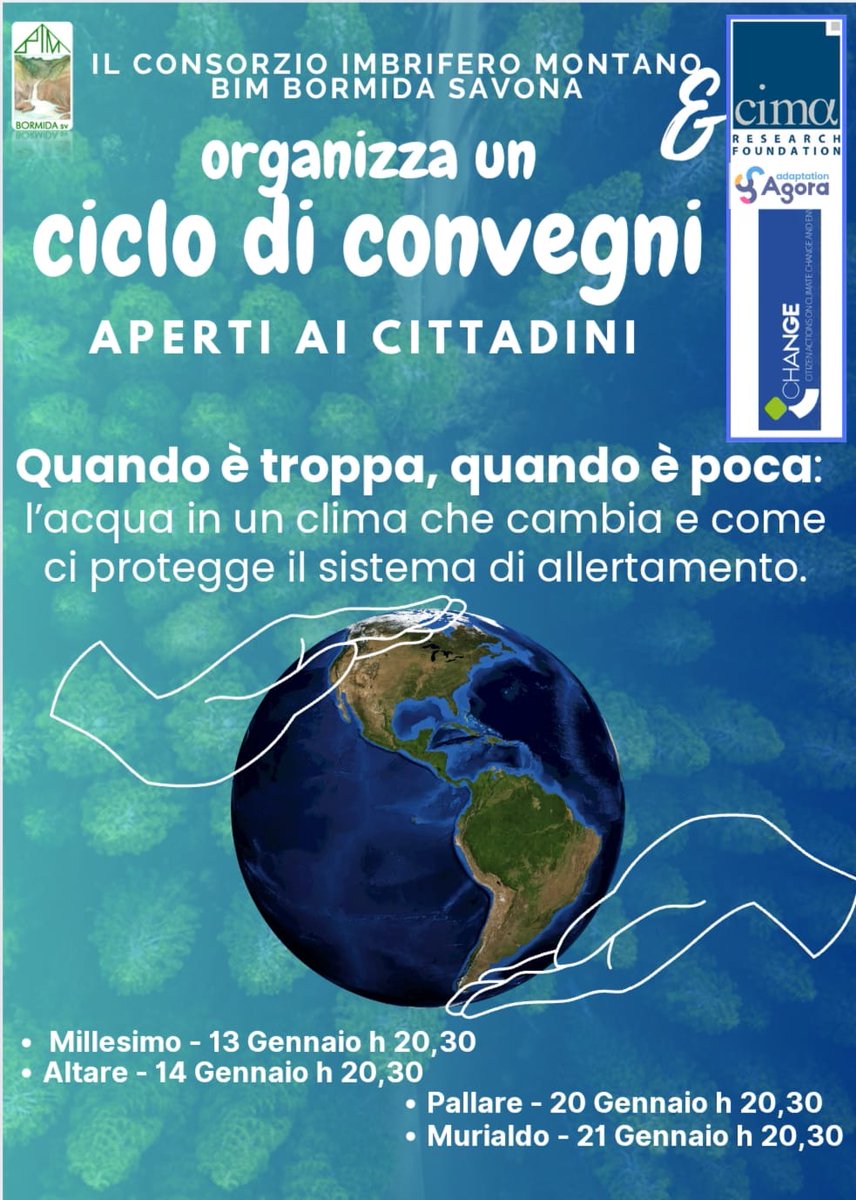 CIMAFoundation's tweet photo. #Valbormida - Prosegue il ciclo di incontri "Quando è troppa, quando è poca: l’acqua in un clima che cambia e come ci protegge il sistema di allertamento", il 20 e 21 gennaio 2025 rispettivamente a Pallare e Murialdo: #scienza, dati e soluzioni per un futuro più resiliente. https://t.co/Dd15mV4lHK
