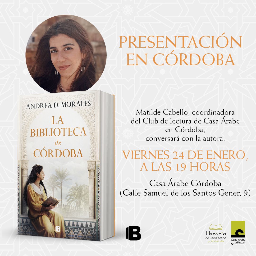 AndreaDlrm's tweet photo. 📣 PRESENTACIÓN EN CÓRDOBA. 

No podía faltar en este tour de firmas la capital califal, la ciudad que albergó la Biblioteca Real de los Omeya y donde se desarrolla la trama de esta historia.

Así que nos vemos el viernes 24 en @Casaarabe para hablar de La biblioteca de Córdoba😉 https://t.co/QazDNq8PA4