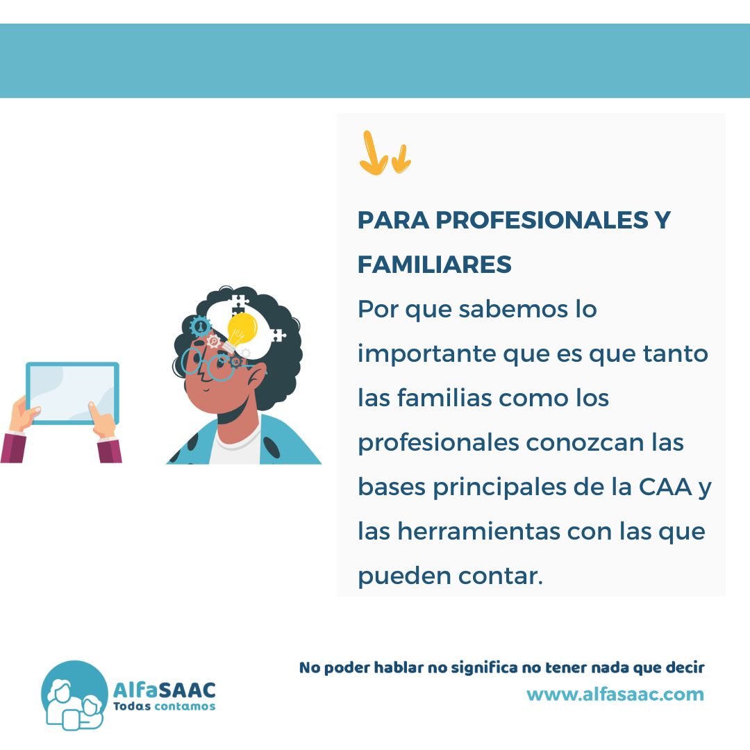 AlfaSAAC lo formamos un equipo multidisciplinar del ámbito de la medicina, psicología, logopedia, educación, lingüística y traducción y, además, madres de niños y niñas con discapacidad y necesidades complejas de comunicación⁣
⁣alfasaac.com/formacion/
⁣
#AlfaSAAC #SAAC #CAA