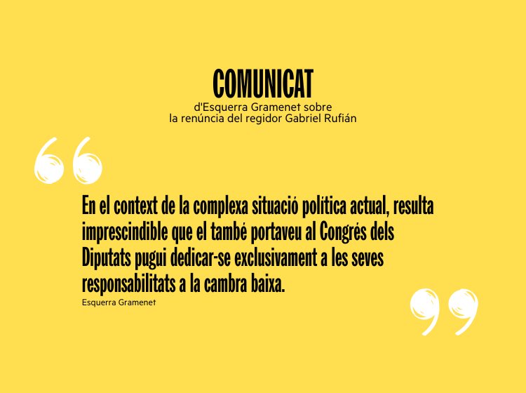 🗞️[COMUNICAT] d'Esquerra Gramenet sobre la renúncia del regidor <a href="/gabrielrufian/">Gabriel Rufián</a>:

📝"En el context polític actual, resulta imprescindible que el portaveu al Congrés pugui dedicar-se exclusivament a les seves responsabilitats a la cambra baixa."    

 📲 locals.esquerra.cat/gramenet/artic…