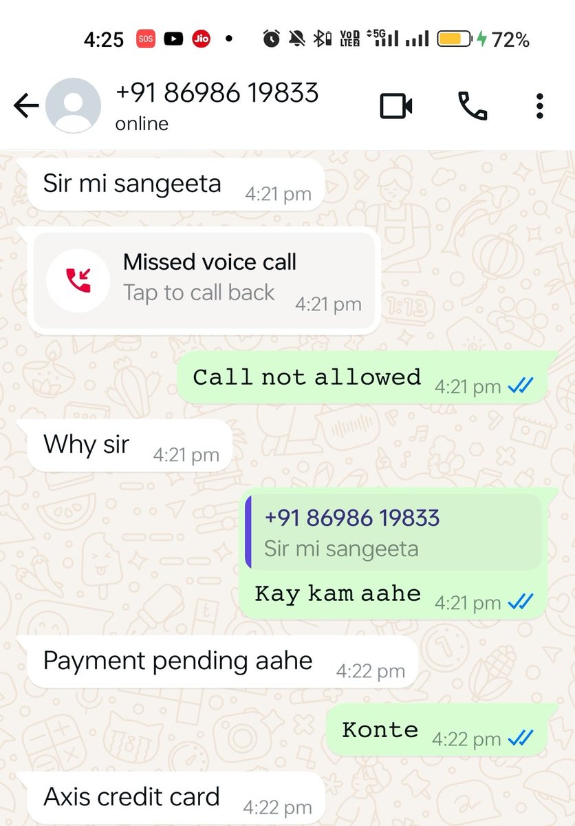 <a href="/AxisBankSupport/">Axis Bank Support</a> <a href="/AxisBank/">Axis Bank</a> @AmolMNS_ <a href="/Prashantmore151/">Prashant More Bhartiya</a> <a href="/RBIsays/">RBI Says</a> <a href="/RBI/">ReserveBankOfIndia</a> <a href="/CPPuneCity/">CP Pune City Police</a> 
ह्या मोबाईल न.8698619833 वरून पेमेंट साठी फॅमिली मेंबर्स ना कॉल केले जात आहेत.हे थांबवा. axis bank कर्मचारी च हे असले काम करु शकतात.