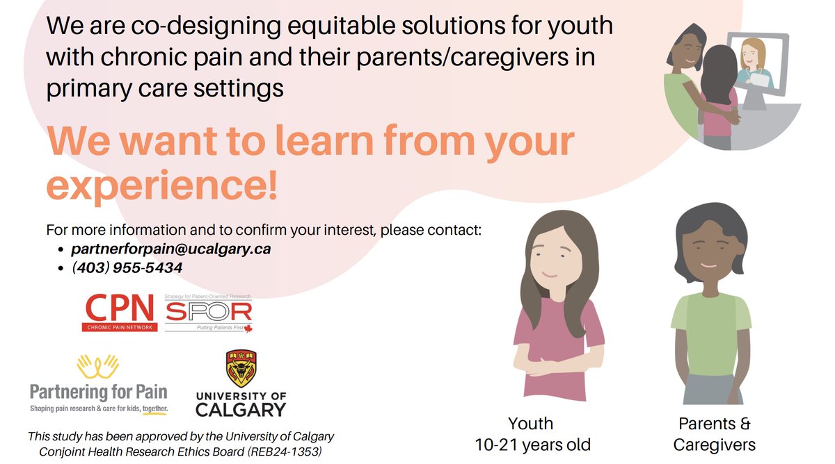 📣 <a href="/UCalgary/">U Calgary</a> is recruiting children &amp; teens (ages 10-21) with chronic pain, along with their parent/caregiver, to participate in a study on chronic pain management in primary care settings.  /1