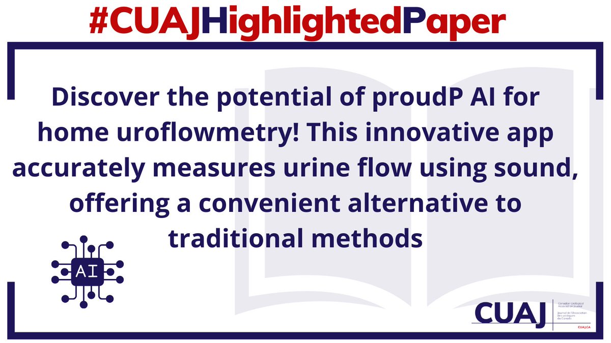 CuaJournal's tweet photo. #CUAJHighlightedPaper Evaluation of proudP: A sound-based approach to Uroflowmetry.
To read: https://t.co/NiVu872iEX
#Urology #HealthTech #CUAJ
@naeembhojani7 @DrDeanElterman https://t.co/jFyXqER42A