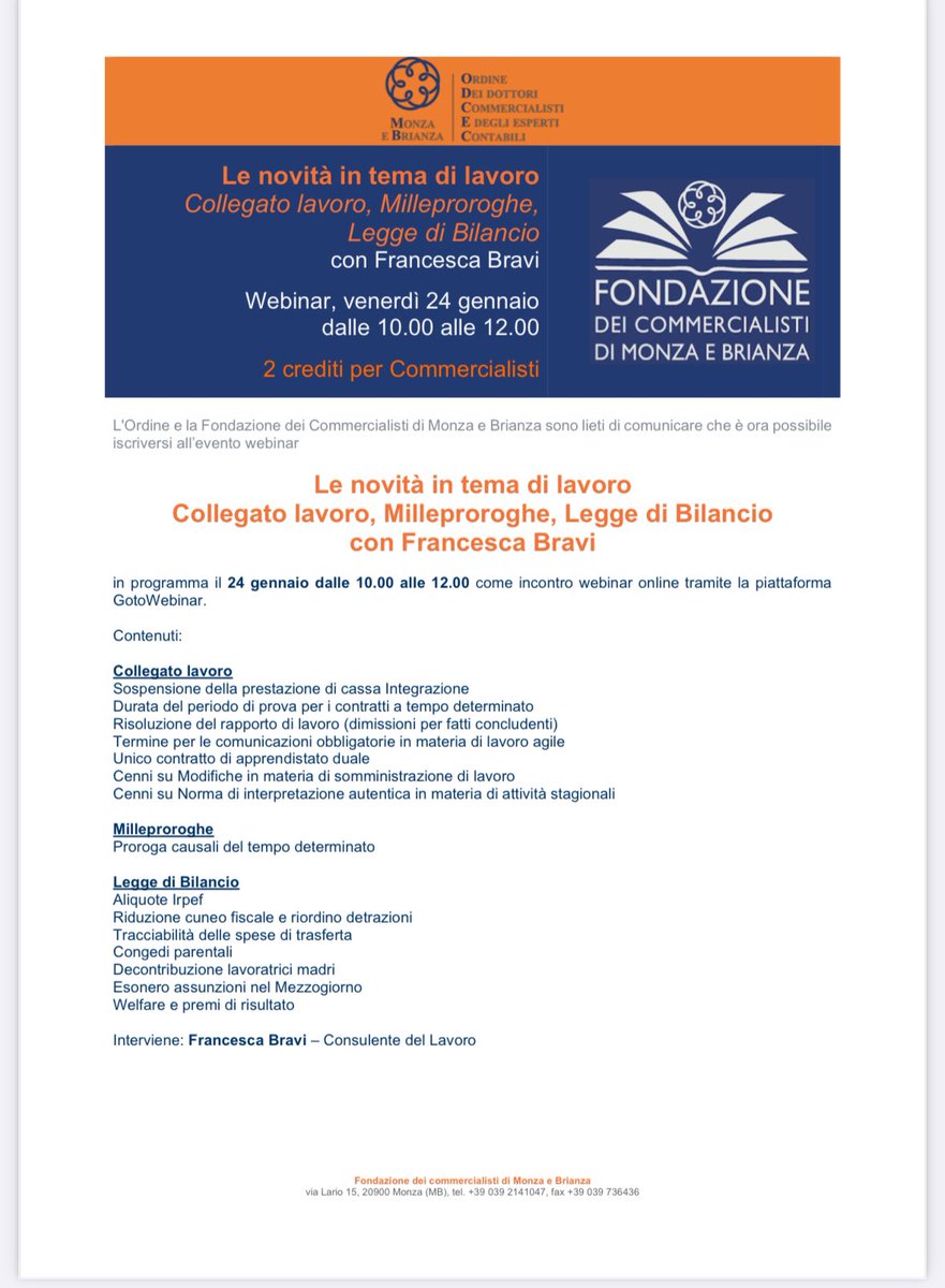 Venerdì 24 gennaio 2025 sulle Novità di inizio anno.
Ringrazio Ordine e Fondazione Dottori Commercialisti Di Monza e Brianza per l’invito come relatrice.
#Formazione e #aggiornamento