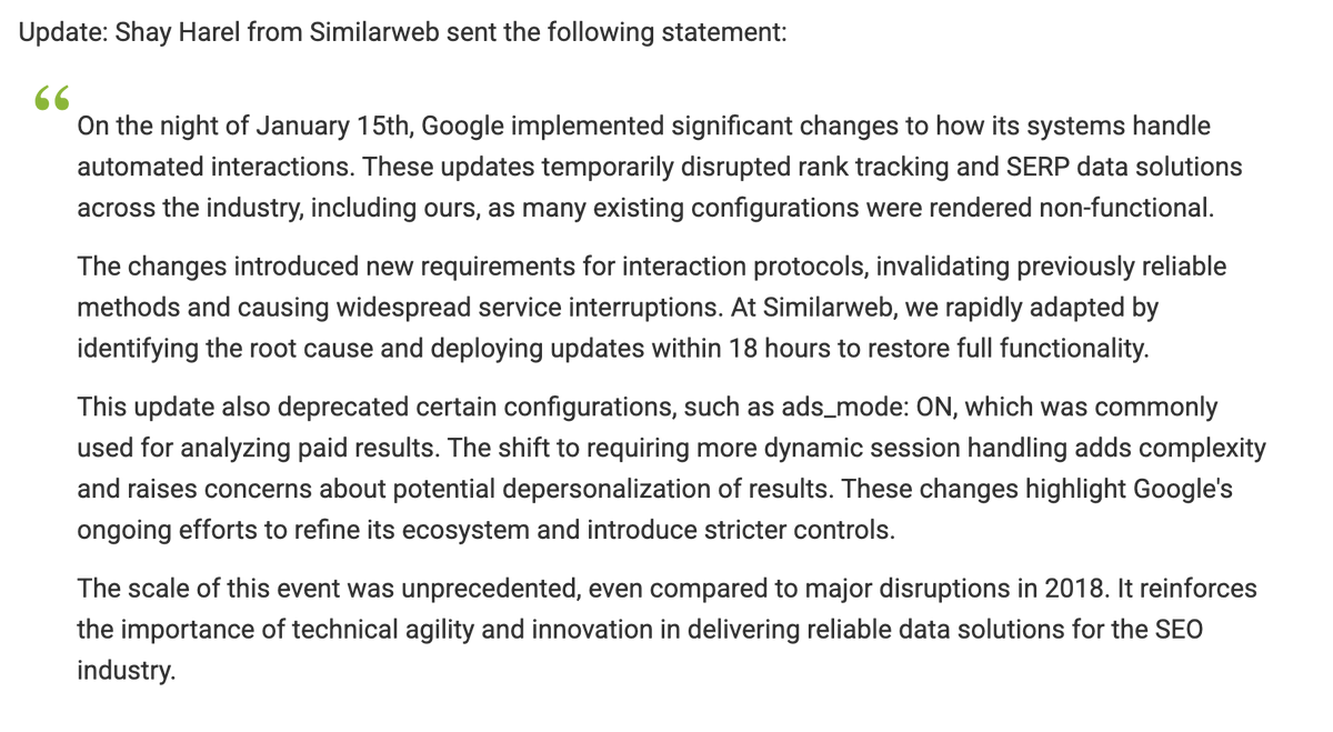 rustybrick's tweet photo. On Google blocking rank tracking tools - @RangerShay from @Similarweb sent me the following statement which has been added to the story at https://t.co/7Z0MIy9Ckh https://t.co/CseGRWZPeB